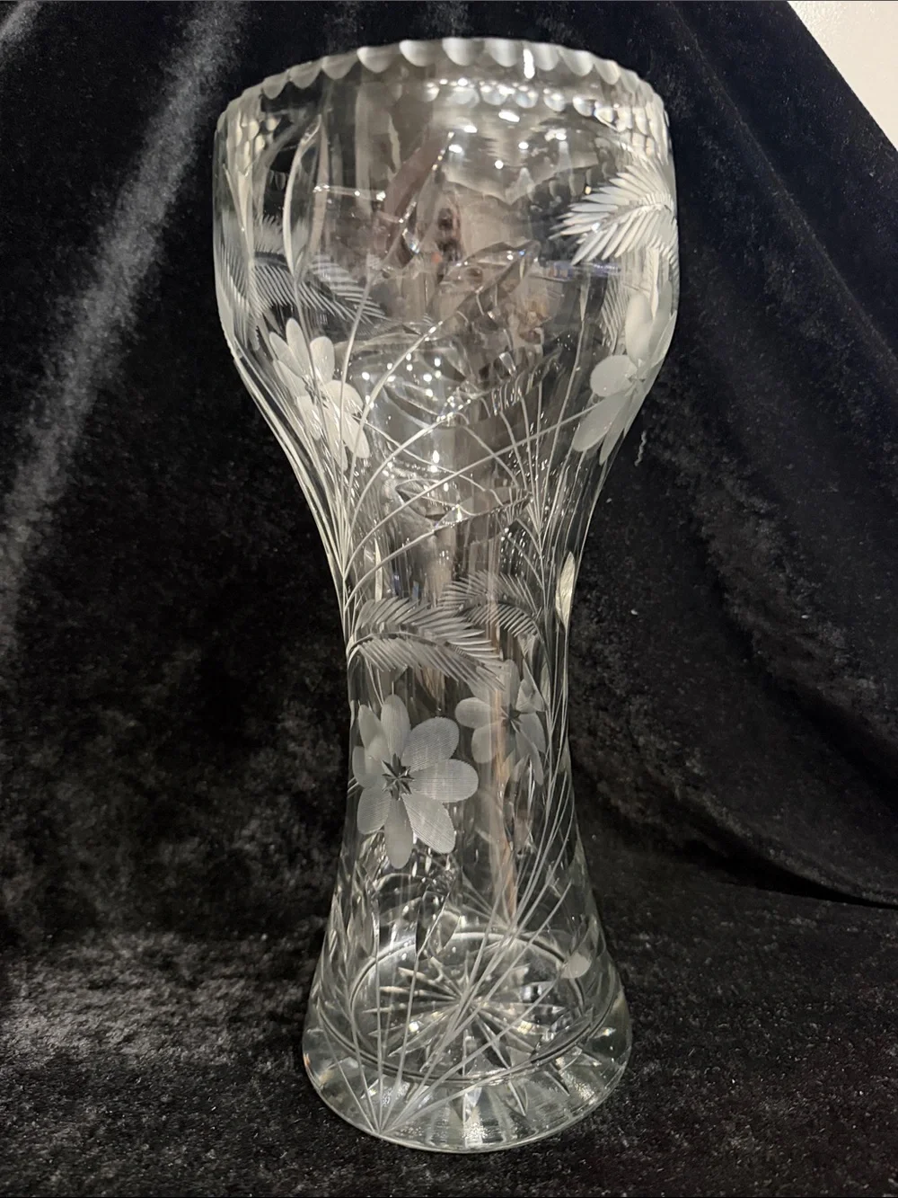 Vintage Crystal Etched Cut Floral Glass Vase - Clear